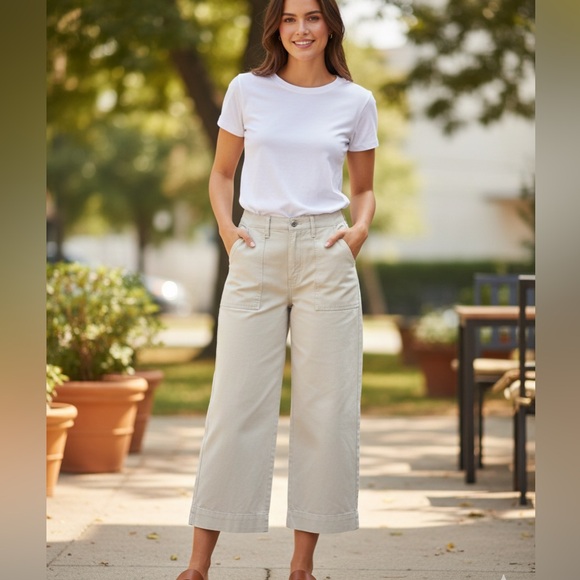 Pants - Casual White Tee and Beige Wide-Leg Pants